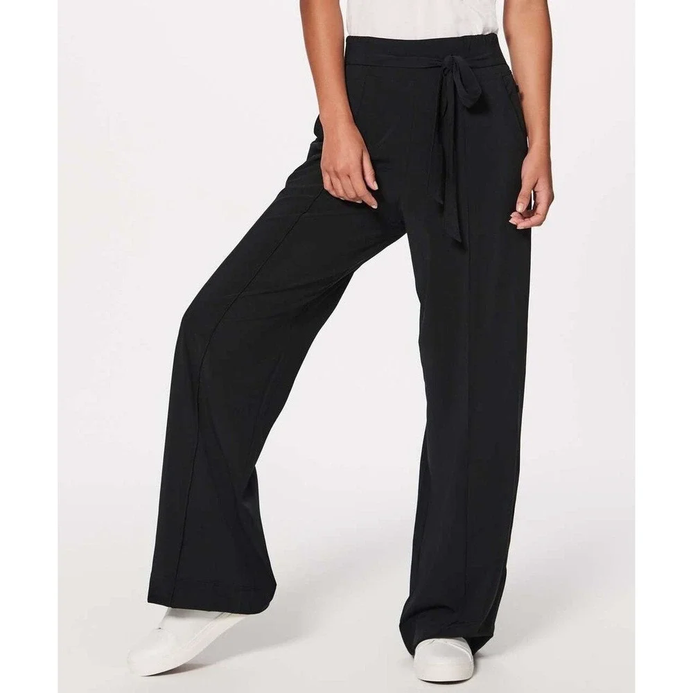 Lululemon Noir Pant Black Wide Leg Tie Waist High Rise Trousers Size 4‎